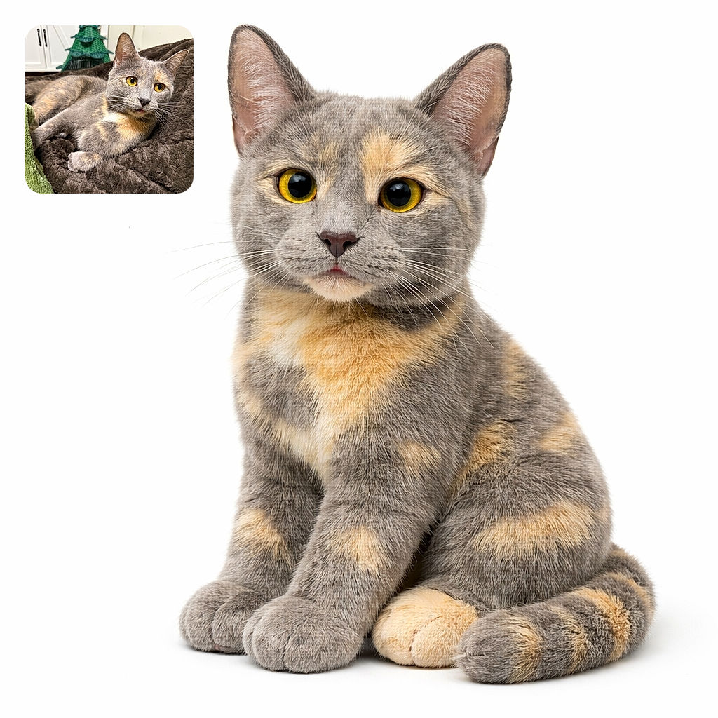 A fluffy gray-and-cream cat lounges like a tiny royalty on a plush brown blanket, mid-blep with a pink tongue peeking out and big golden eyes staring into your soul. A green patterned blanket and a small decorative tree peek in the background next to a white cabinet — cozy, judgmental, and utterly photogenic.