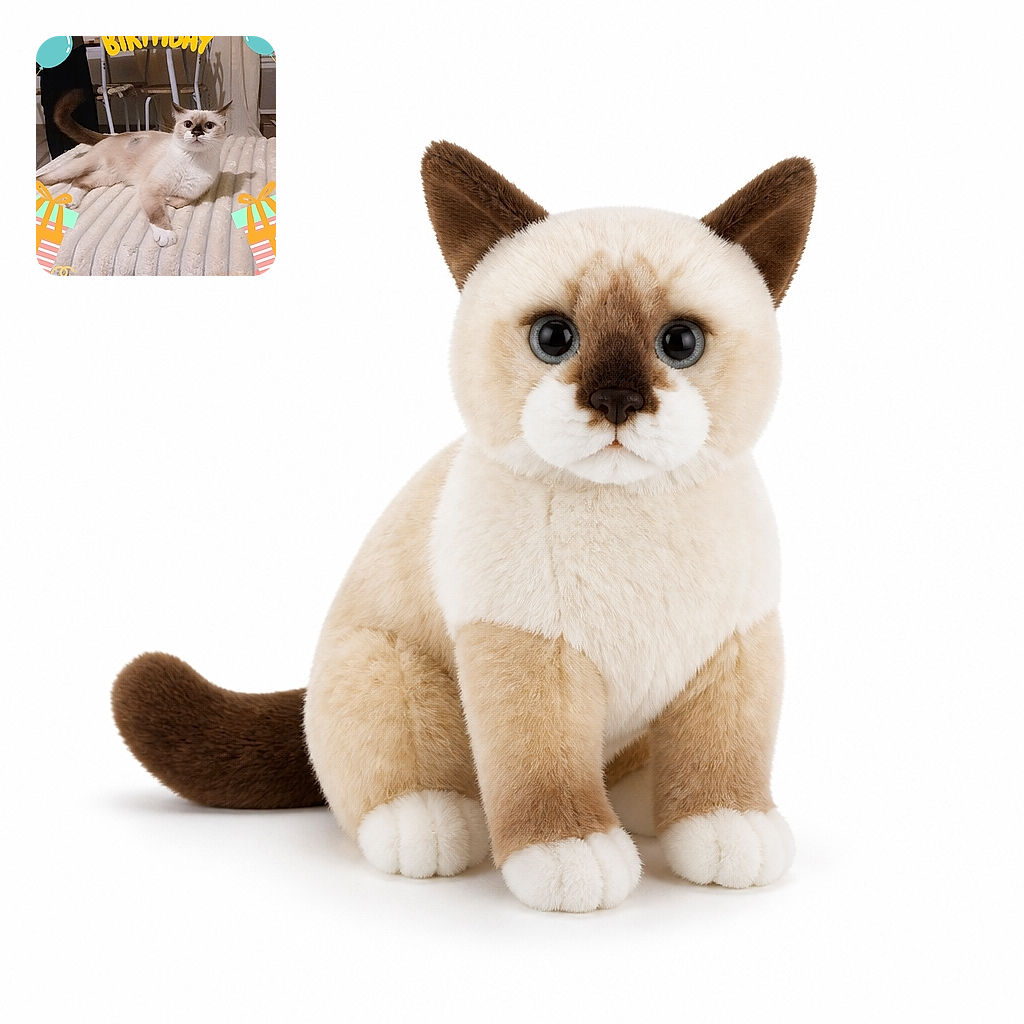 A regal cream-colored cat lounges on a cozy blanket like the guest of honor at its own birthday party, staring into the camera with the serious expression of a tiny furry executive. Colorful balloons, bunting, presents, candles, and a giant “HAPPY BIRTHDAY” graphic complete the celebration.