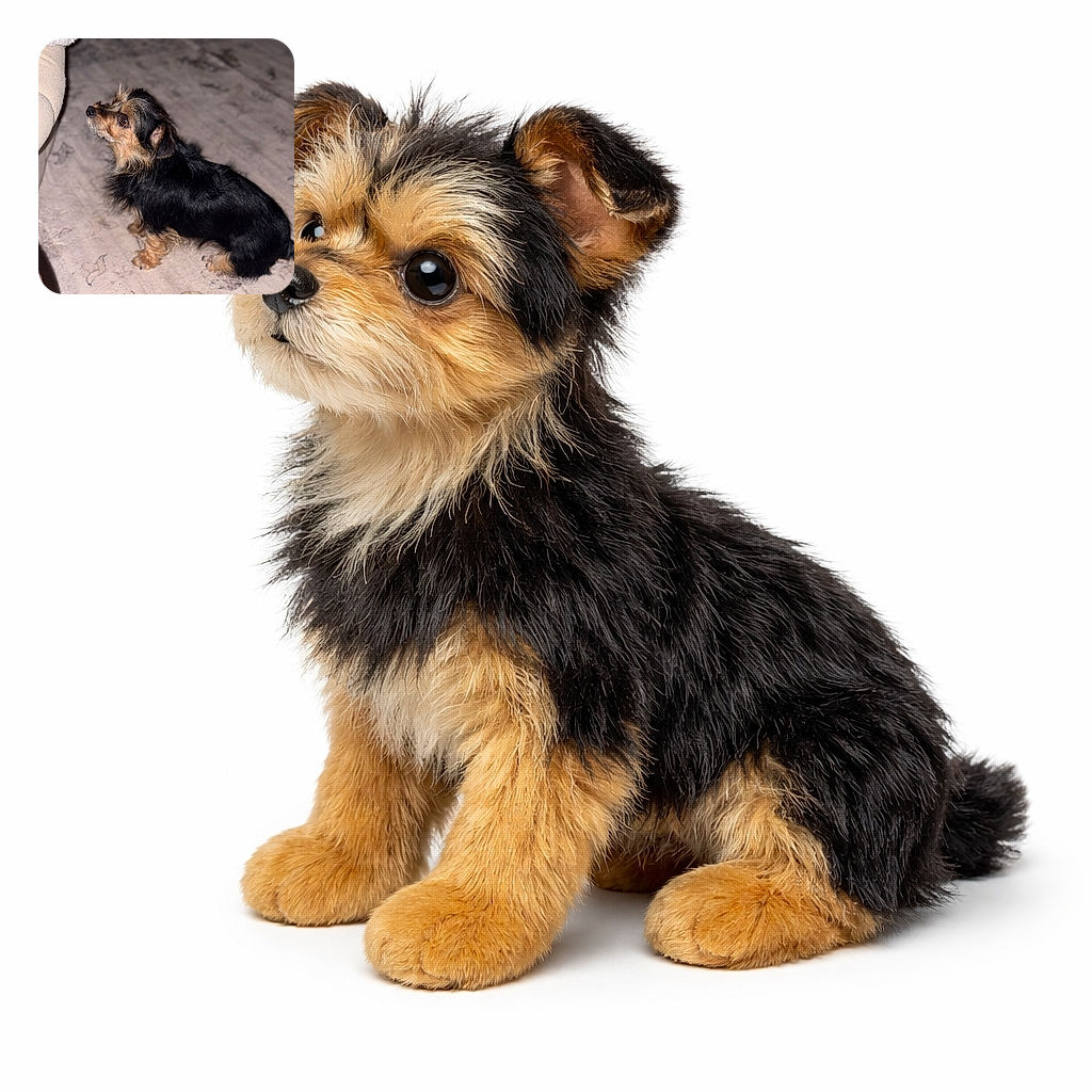 A small black and tan dog with scruffy fur sits attentively on a patterned carpet, looking up at a person wearing beige pants. The lighting highlights the dog's expressive eyes and textured coat, capturing a candid moment of anticipation or curiosity.