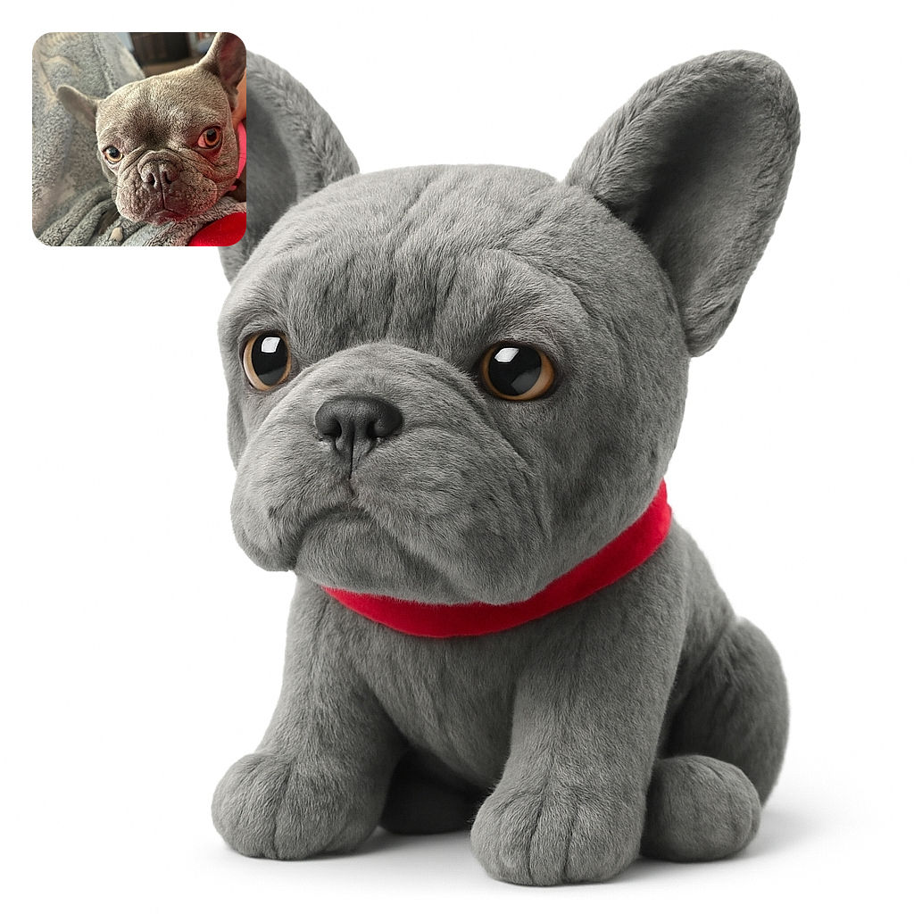 A close-up photo of a sleepy French Bulldog resting on a soft gray blanket, with its expressive eyes looking off to the side. The cozy indoor setting adds warmth to the image.