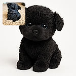 A tiny, fluffy black puppy with shiny eyes is sitting adorably on a textured beige carpet, tilting its head curiously as if trying to understand the world around it.
