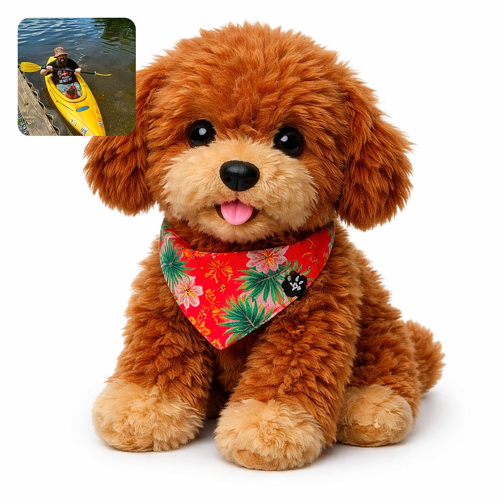 A bearded fellow in a psychedelic bucket hat sticks his tongue out while paddling a bright yellow kayak; a small dog wearing a red vest lounges in the cockpit like a tiny captain. Calm rippling lake water, a wooden dock and pebbled shore frame this goofy, sunny moment.