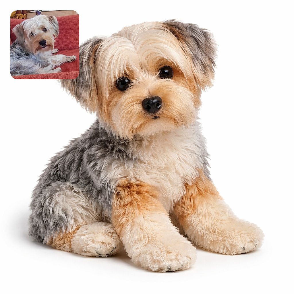 A fluffy dog lounges comfortably on a red couch, looking back at the camera with a curious and slightly mischievous expression, surrounded by a cozy indoor setting with warm lighting.