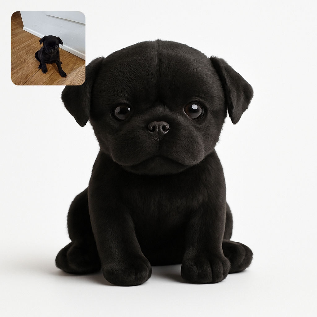 A small black puppy sitting on a wooden floor near a white wall with a vent, looking curiously at the camera with big, shiny eyes.