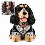 A gloriously fluffy spaniel beams at the camera with its tongue hanging out, looking like it just won the Best Dog in the Universe award. The watercolor splashes add artistic flair, while the maple-leaf tag gives this furry celebrity a touch of Canadian charm. The name “Melba” appears beneath the portrait.