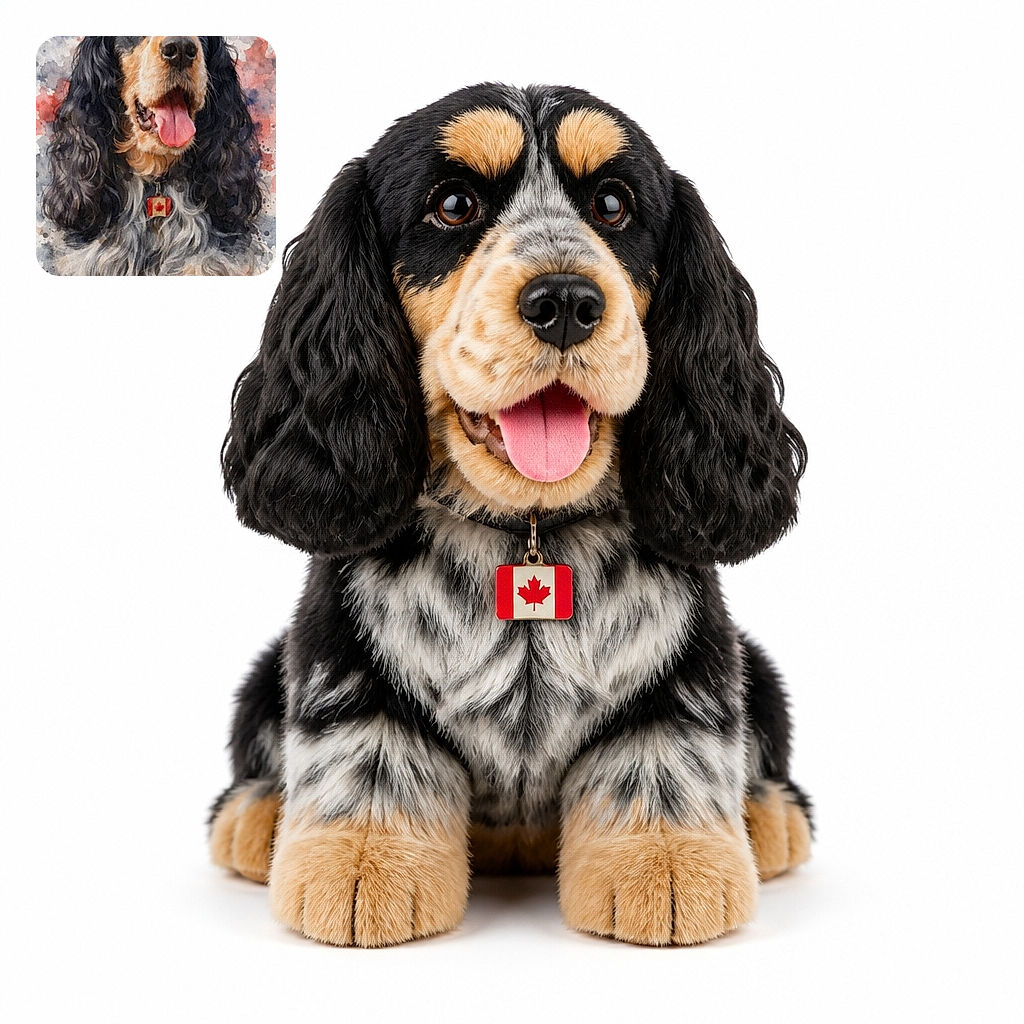 A gloriously fluffy spaniel beams at the camera with its tongue hanging out, looking like it just won the Best Dog in the Universe award. The watercolor splashes add artistic flair, while the maple-leaf tag gives this furry celebrity a touch of Canadian charm. The name “Melba” appears beneath the portrait.
