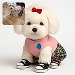 A fluffy white dog dressed in a cute pink and floral outfit complete with tiny sneakers, standing on a wooden floor with some people's legs and shoes visible in the background. The dog looks slightly curious or confused, making for an adorable yet funny fashion statement.