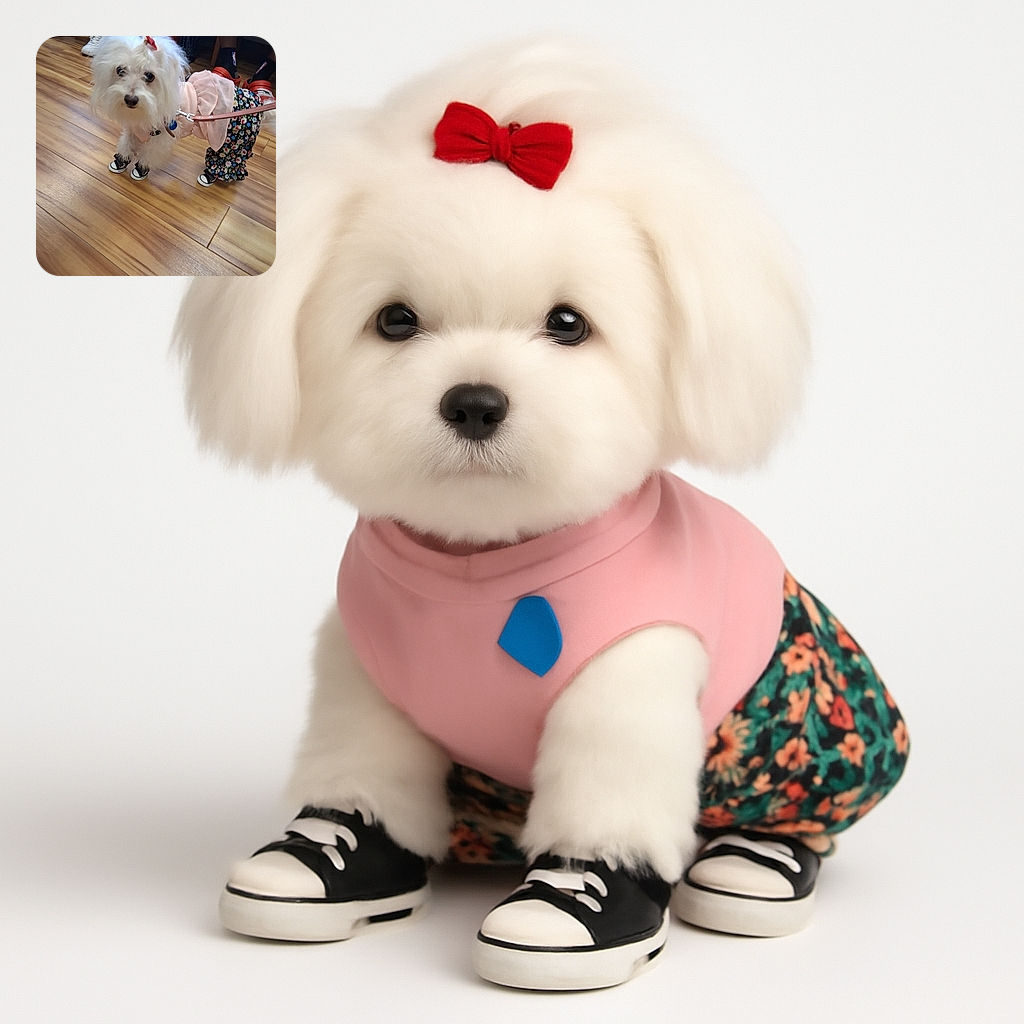 A fluffy white dog dressed in a cute pink and floral outfit complete with tiny sneakers, standing on a wooden floor with some people's legs and shoes visible in the background. The dog looks slightly curious or confused, making for an adorable yet funny fashion statement.