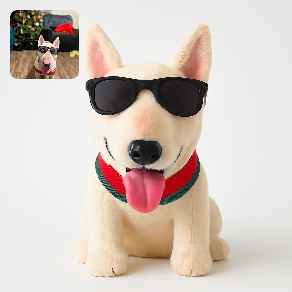 A cool white dog wearing sunglasses and a festive sweater stands on a wooden floor with a decorated Christmas tree and cozy furniture in the background, looking like the ultimate holiday party guest.