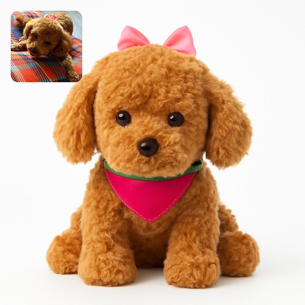 A fluffy brown dog with a cute pink bow is lounging on a colorful orange and navy plaid blanket, looking relaxed and slightly curious with soft lighting highlighting its curly fur.