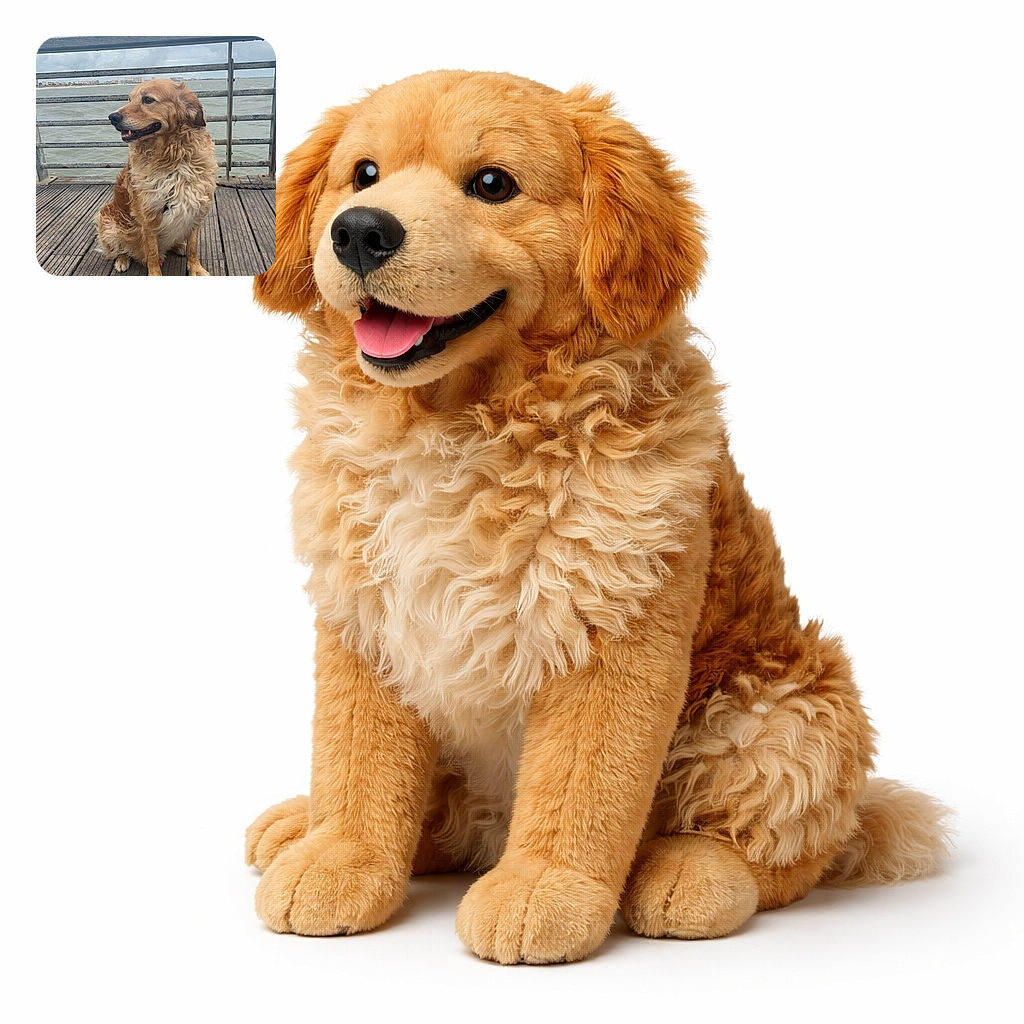 A fluffy golden retriever lounges on a windswept pier like a seaside monarch — tongue out, fur ruffled by the breeze, surveying the choppy water with dignified chill.