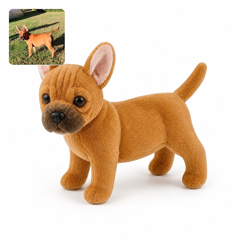 A curious little brown dog stands proudly in the sunny yard, giving the camera a serious puppy stare while its enormous ears point skyward like tiny satellite dishes. Its tail is raised in confident flag-waving mode, and the dramatic lawn shadows make the whole scene feel like a canine action movie.