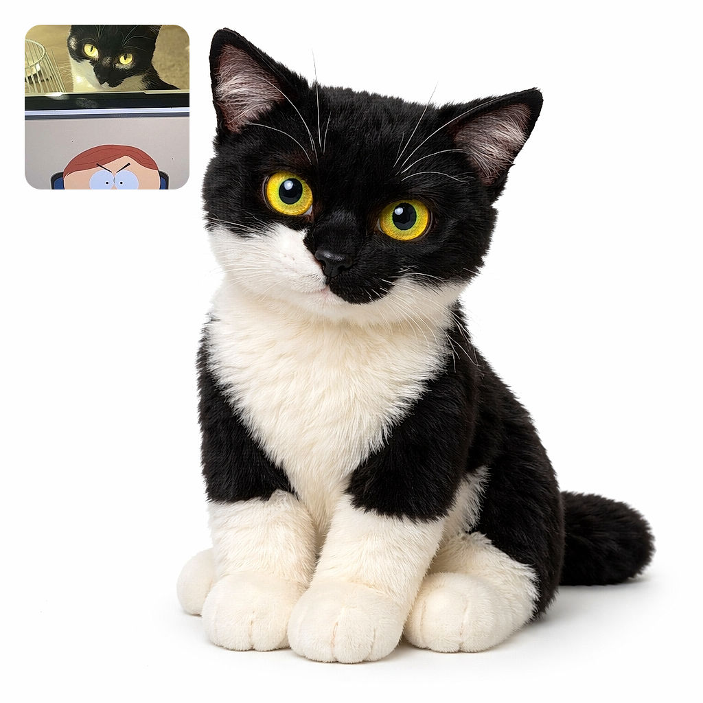 A curious black and white cat with glowing yellow eyes peers over the top edge of a screen displaying an animated character from South Park, creating a humorous contrast between the real and cartoon worlds.