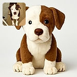 A charming brown and white dog stands on a wooden floor next to a beige carpet and a white chair leg, gazing curiously at the camera with soulful eyes, one of which appears slightly red.