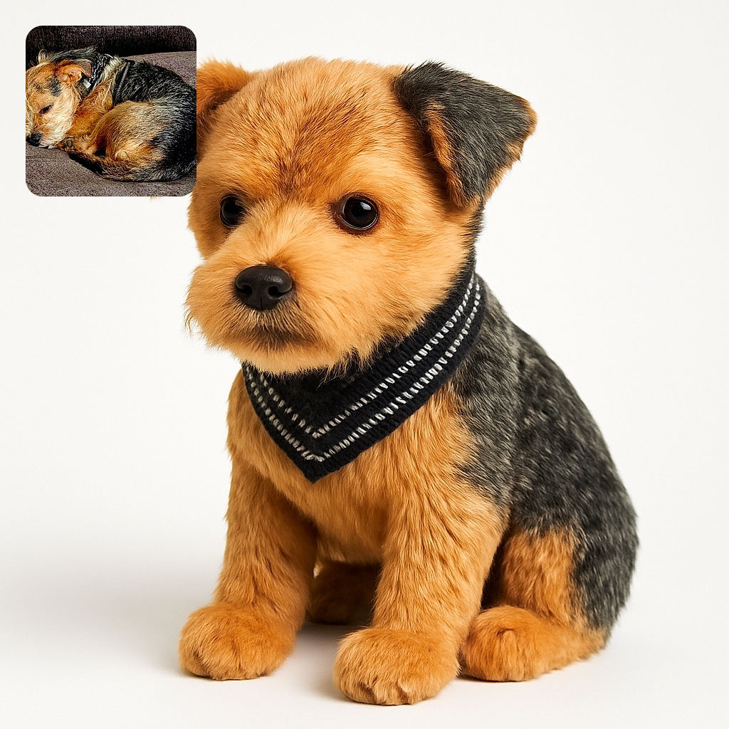 A cozy little dog curls up on a soft, textured brown couch, looking like the ultimate nap champion in a furry sleeping bag.