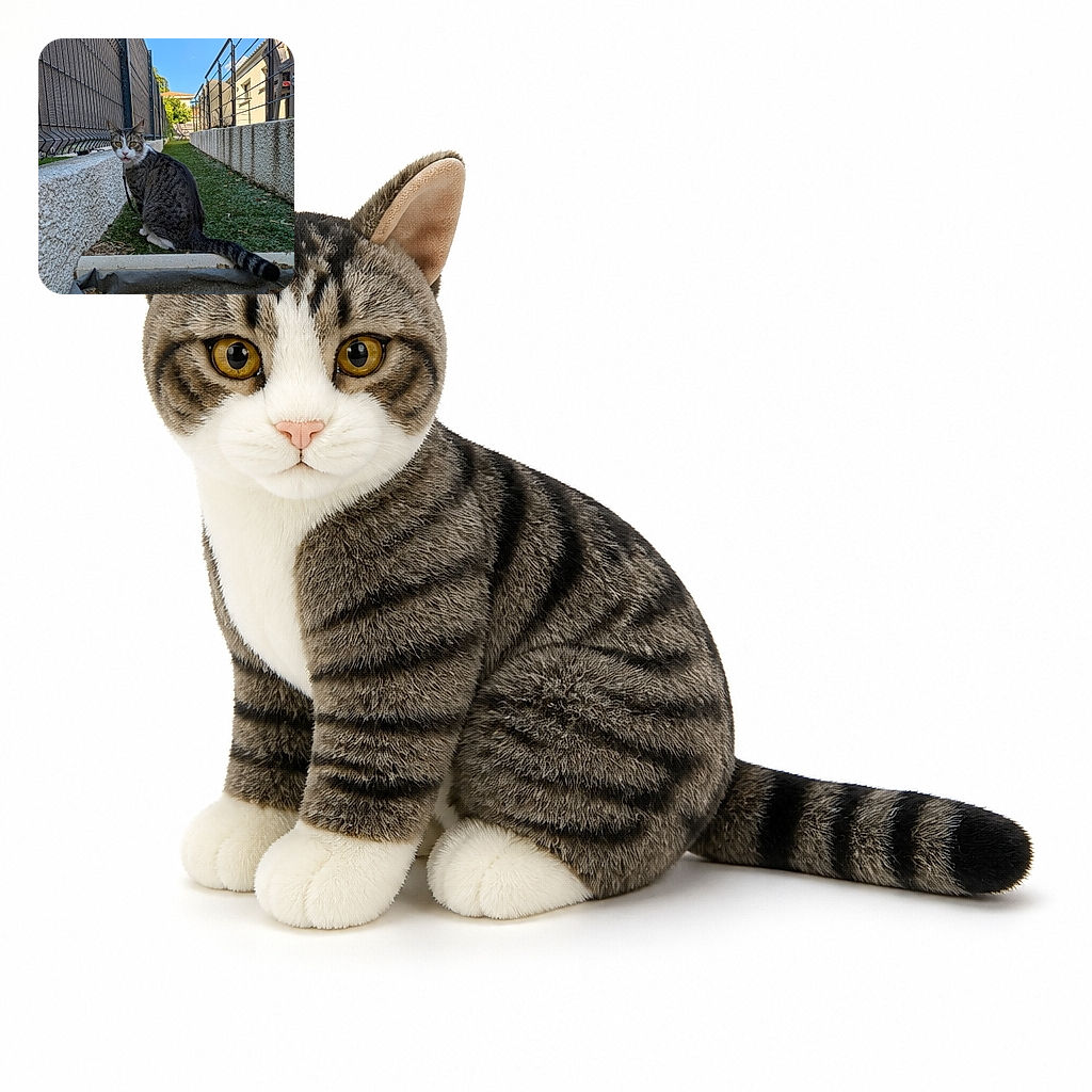 A striped cat sits like the neighborhood’s tiny security guard, staring intensely down a fenced walkway while its dramatically long tail stretches across the scene. Bright blue sky, sunny buildings, artificial grass, and scattered leaves complete the outdoor courtyard setting.