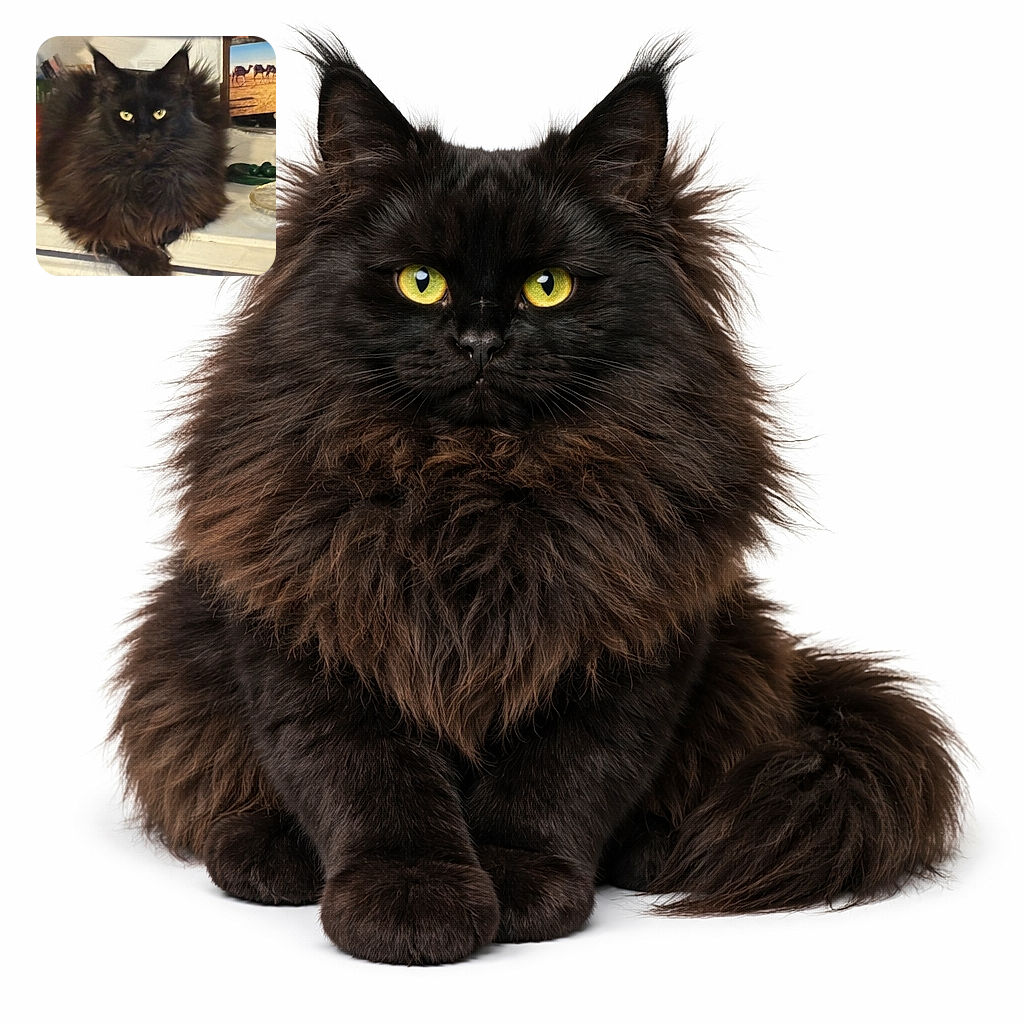 A fluffy black cat with piercing yellow eyes lounges regally on a white surface, surrounded by an eclectic mix of objects including a colorful pumpkin, a painting of camels in the desert, and some decorative items, creating a cozy and slightly mysterious indoor scene.