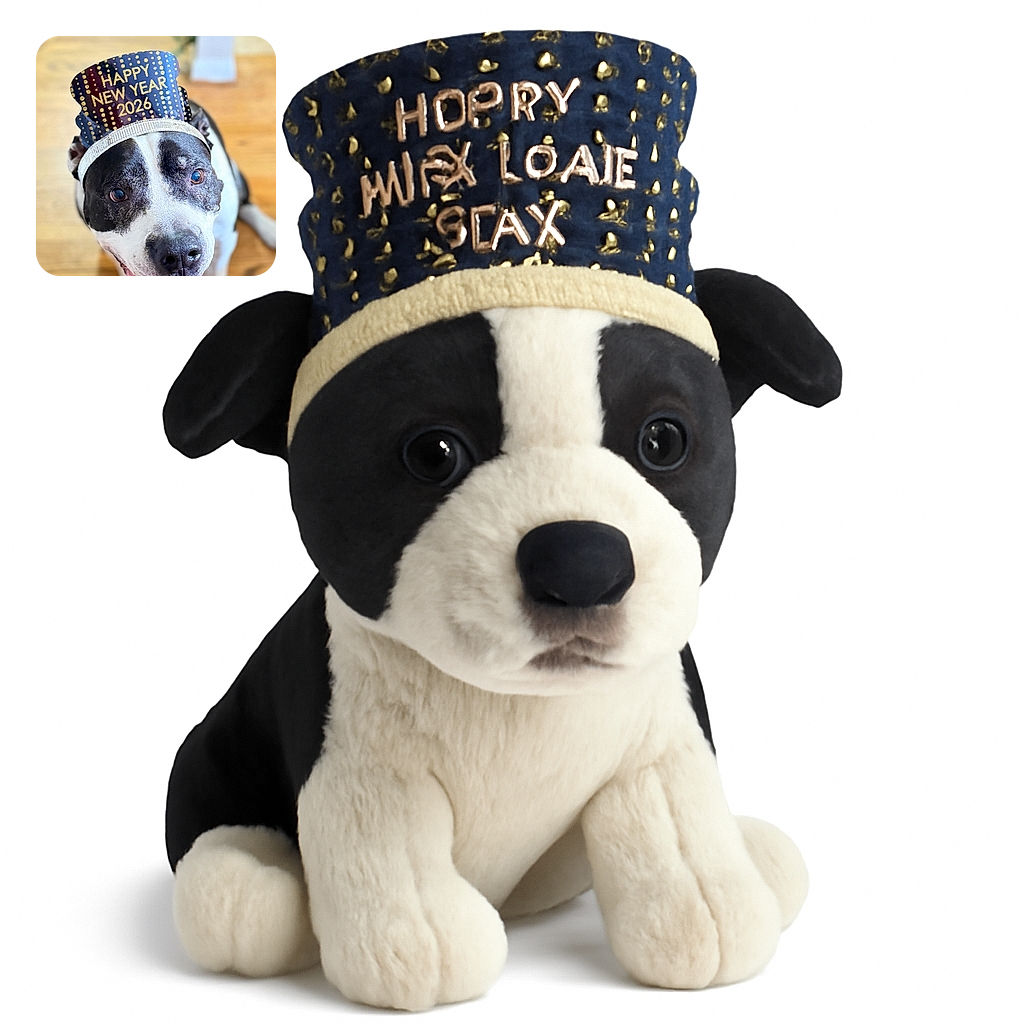 A joyful dog wearing a festive 'Happy New Year 2026' hat looks up with a big smile, capturing the excitement of ringing in the new year. The warm wooden floor and blurred background add a cozy, celebratory vibe.