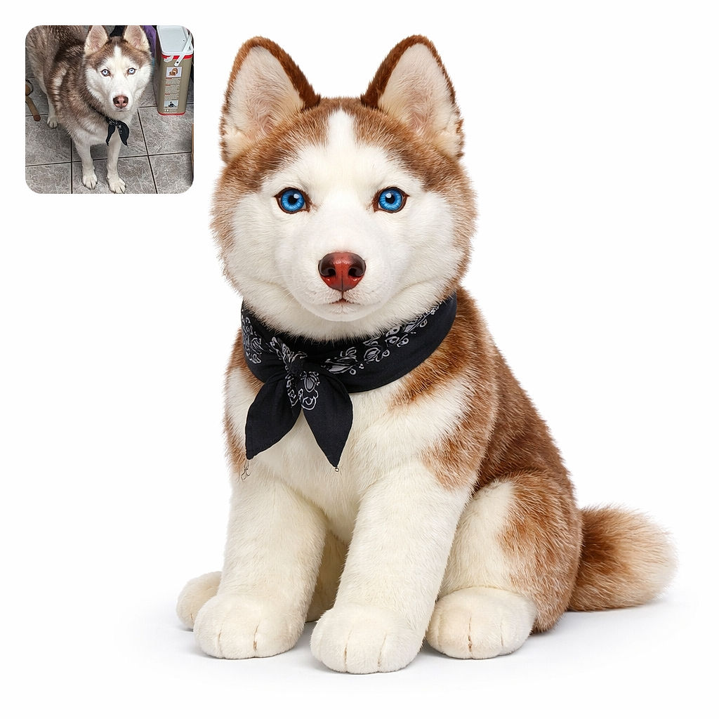 A striking blue-eyed husky stares straight at the camera wearing a jaunty bandana, standing on a marbled tiled floor amid toys and a tall container — looks like it just woke up from plotting mischief and expects breakfast ASAP.