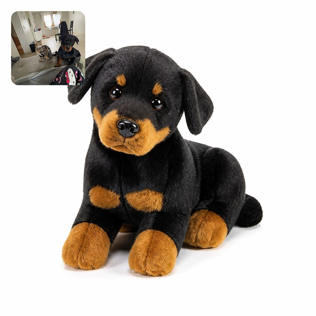 A serious-looking Rottweiler and a striped cat sit side by side like an unlikely courtroom duo, patiently judging the cozy living room while Hello Kitty pajama legs take center stage in the foreground.