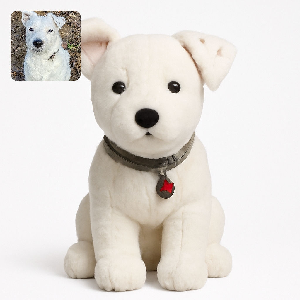 A close-up photo of a white dog sitting on a dirt ground, looking directly at the camera with a calm and curious expression. The dog's fur is fluffy and clean, and it wears a collar. The background shows some small plants and scattered twigs.