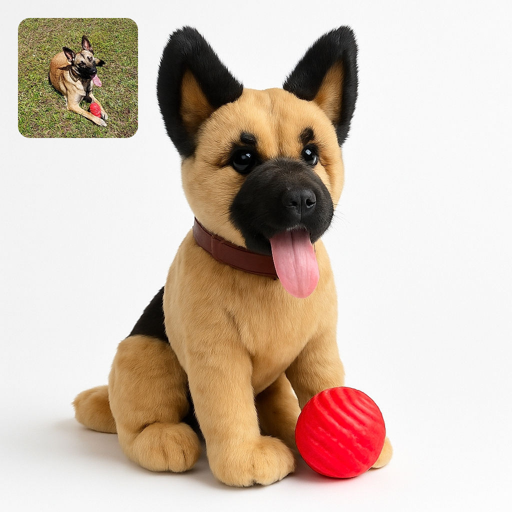 A happy dog lying on a grassy patch, holding a red toy with its paws and panting with its tongue out, enjoying a sunny day outdoors.