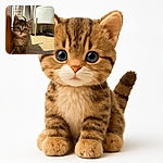 An adorable tiny tabby kitten with big, curious eyes stands close to a wooden doorframe, basking in the warm sunlight that creates soft shadows on the textured carpet. The cozy indoor setting features a white chair and curtains in the background, giving the scene a peaceful and homely vibe.