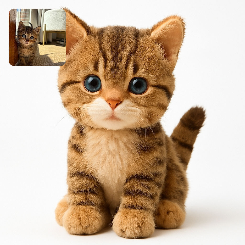 An adorable tiny tabby kitten with big, curious eyes stands close to a wooden doorframe, basking in the warm sunlight that creates soft shadows on the textured carpet. The cozy indoor setting features a white chair and curtains in the background, giving the scene a peaceful and homely vibe.