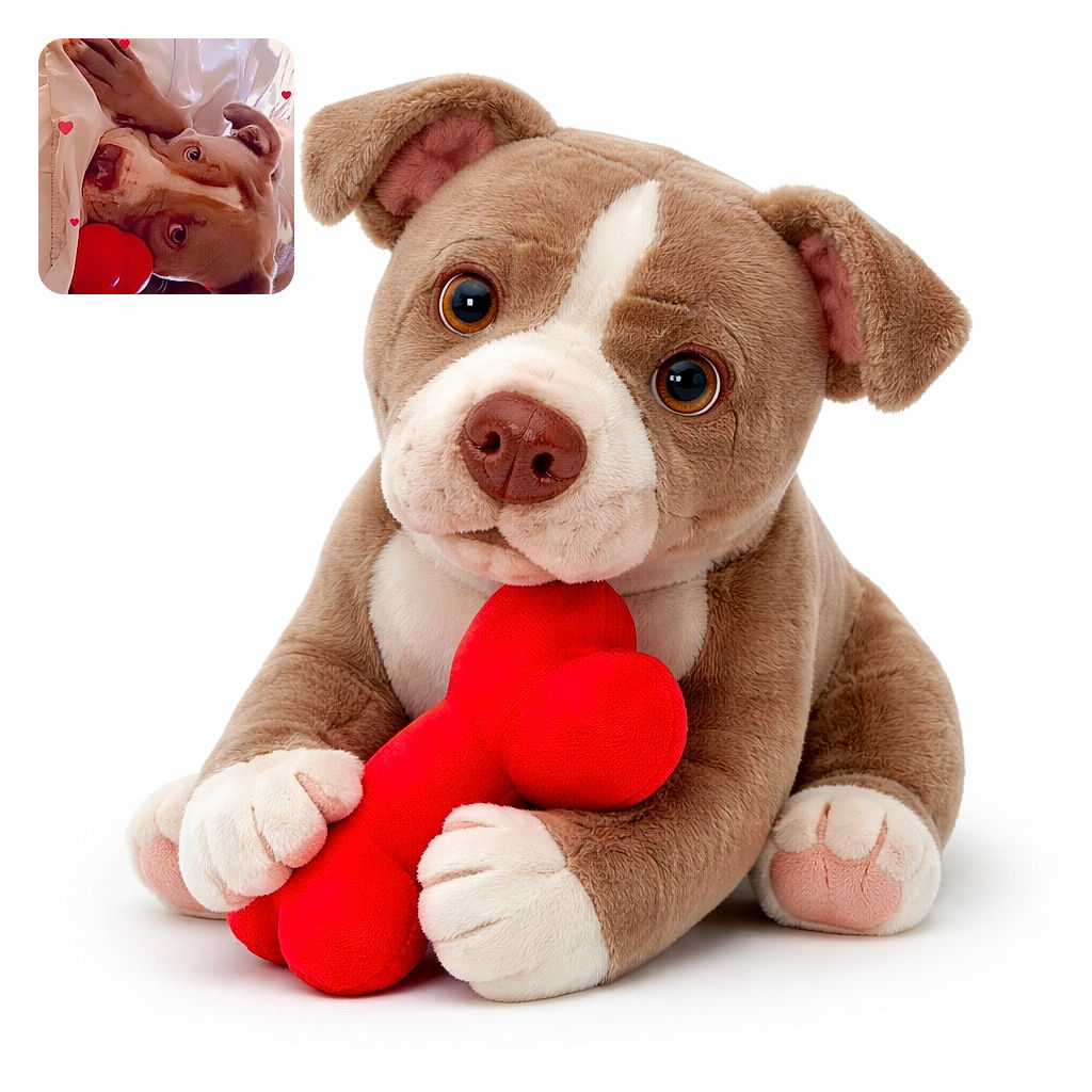 A charming dog is cozily nestled in white bedding, clutching a bright red bone-shaped toy. The photo is adorned with cute red heart graphics floating around, adding a touch of love and warmth to the scene.