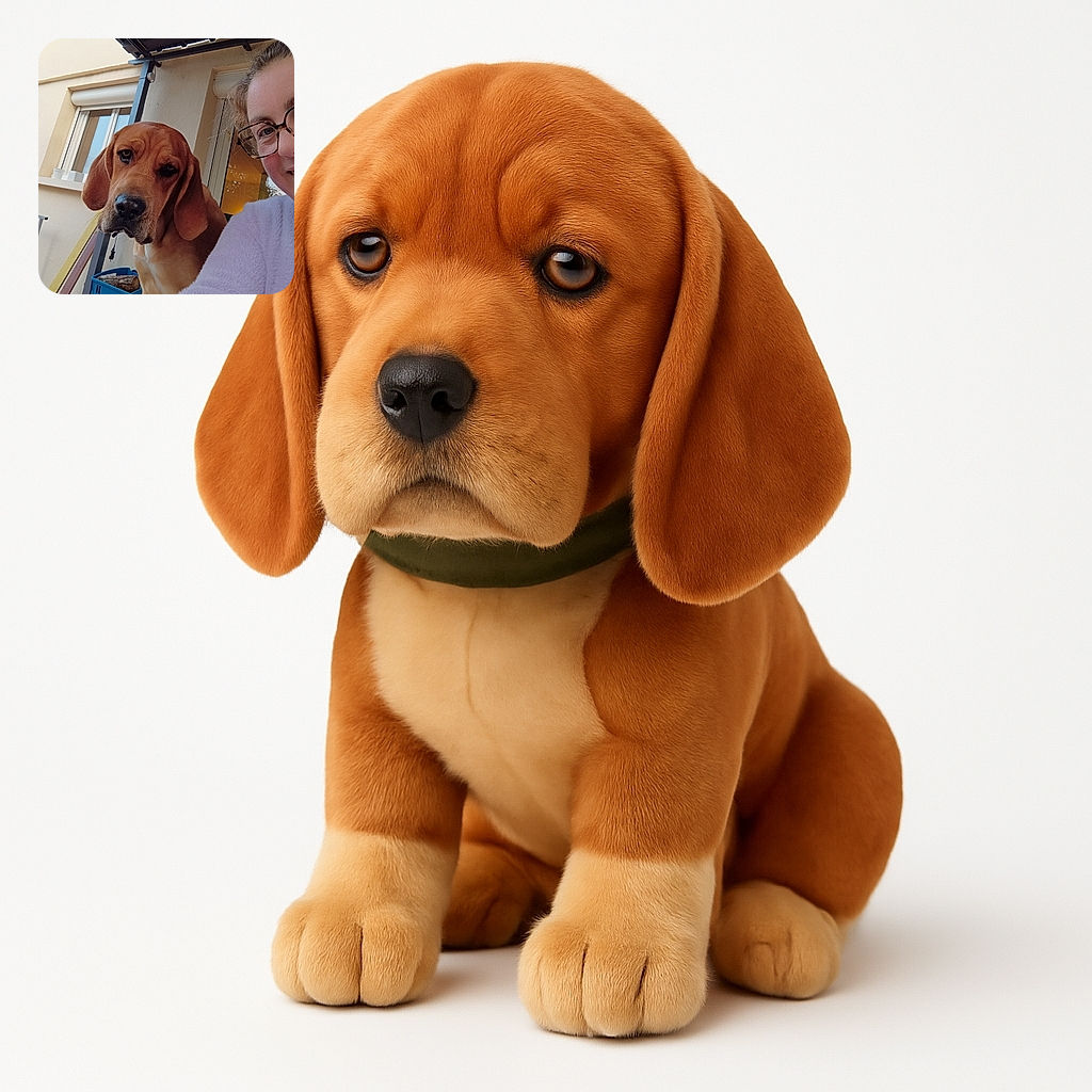 A cozy selfie featuring a large brown dog with soulful eyes next to a smiling person wearing glasses and a soft lavender sweater. The background shows a house facade with a window and a blue crate filled with firewood, under a black canopy roof.