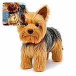 A tiny Yorkshire terrier stands proudly by the water like a seriously fluffy sea captain, sporting a red collar, wind-swept whiskers, and an expression that says the waterfront belongs to him. The bright blue sky and shimmering water make this a sunny canine postcard, complete with a phone interface accidentally photobombing the bottom.