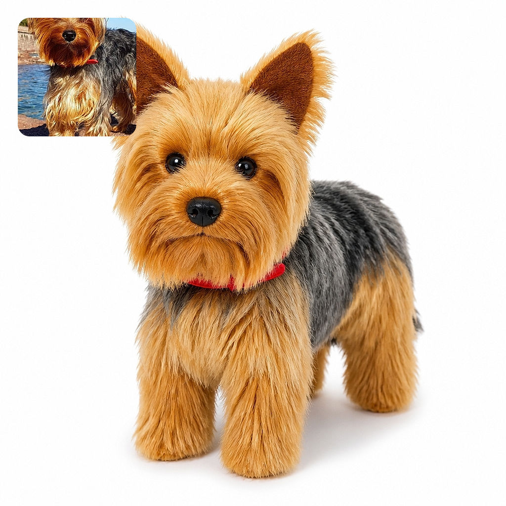 A tiny Yorkshire terrier stands proudly by the water like a seriously fluffy sea captain, sporting a red collar, wind-swept whiskers, and an expression that says the waterfront belongs to him. The bright blue sky and shimmering water make this a sunny canine postcard, complete with a phone interface accidentally photobombing the bottom.