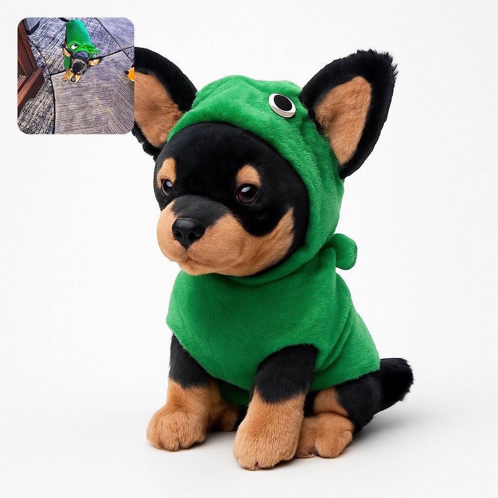 A tiny dog wearing a bright green frog costume stands on a patterned carpet, looking slightly downward with one ear perked up, surrounded by homey furniture and a plush toy on the floor.