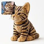 A close-up side profile of a relaxed tabby cat with striking stripes and expressive eyes, resting its paws on a soft blue surface with a cozy backdrop.