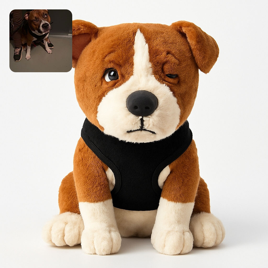 A charming dog with a playful wink sits obediently on a smooth floor, while a person stands behind holding the leash. The lighting is dim but cozy, highlighting the dog's expressive face and the casual sneakers of the person.