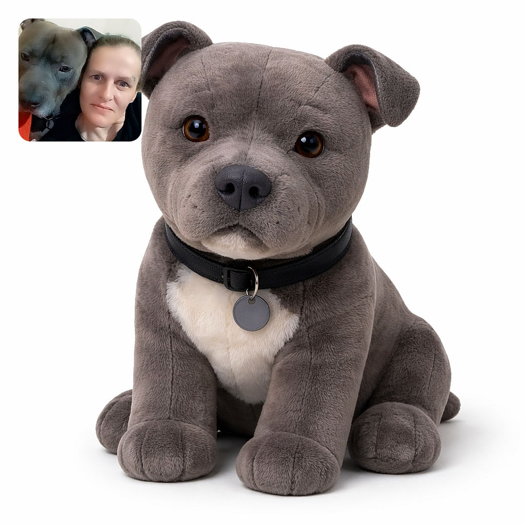 A cozy selfie of a unimpressed pitbull squeezing in next to their human — one looks like they just woke up, the other like they woke up perfectly. Soft-focus filter gives everything a dreamy, slightly surreal vibe; the dog’s stoic face and the human’s half-smile make this a perfect 'we tolerate each other' portrait.