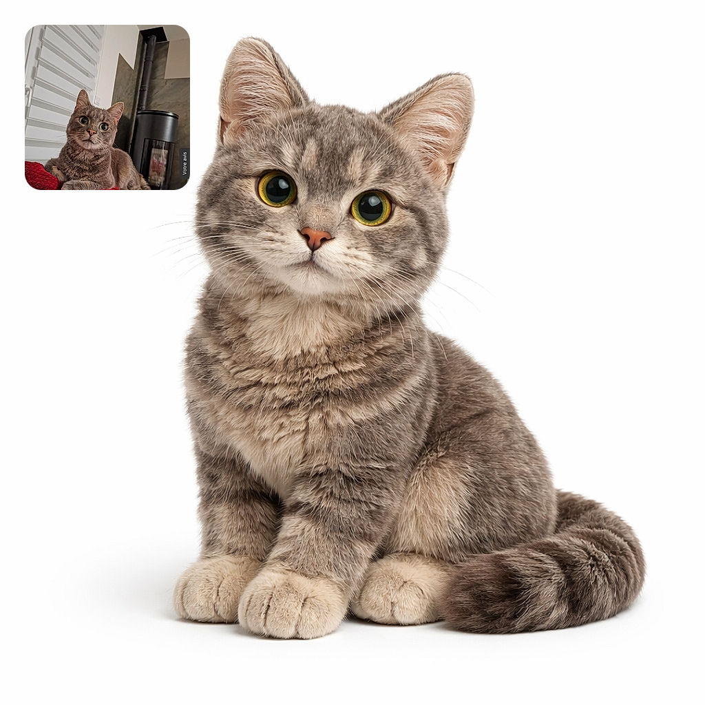 A wide-eyed gray cat perched like a furry monarch on a red couch, staring straight at the camera with peak curiosity — whiskers forward, ears up, and a cozy stove in the background as if providing dramatic stage lighting.