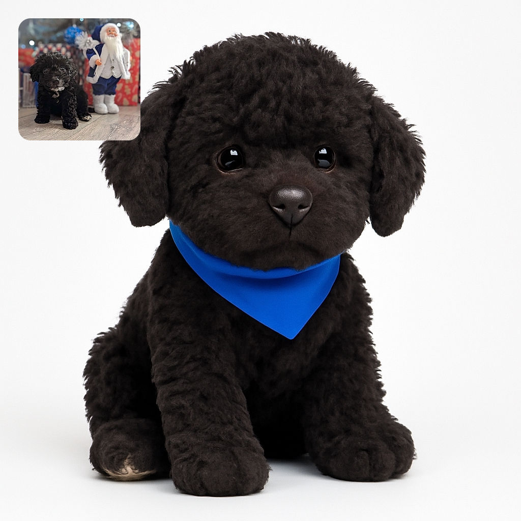 A tiny black curly-haired puppy stares wide-eyed at the camera, standing on a wooden floor with a festive blue and white Santa Claus figurine and colorful holiday decorations blurred in the background, creating a cozy and adorable Christmas vibe.