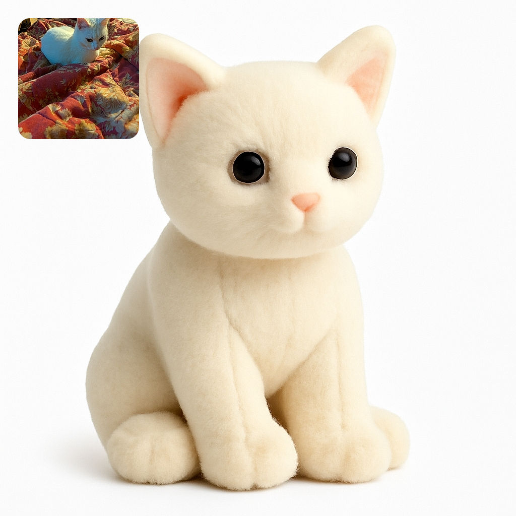 A fluffy white cat is curled up comfortably on a richly patterned red and beige blanket, basking in warm sunlight that highlights its soft fur. The cozy setting looks like the perfect spot for a catnap, with a background hinting at a lived-in room full of everyday clutter.