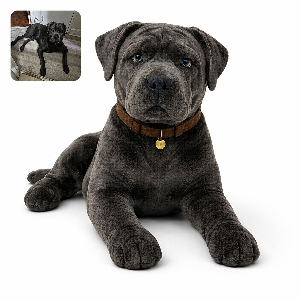 A majestic black dog lounges comfortably on a wooden floor near a slightly worn door, giving a soulful gaze that says 'I'm the king of this castle,' while a glimpse of another white dog peeks from the dark room in the background, adding a hint of mystery.