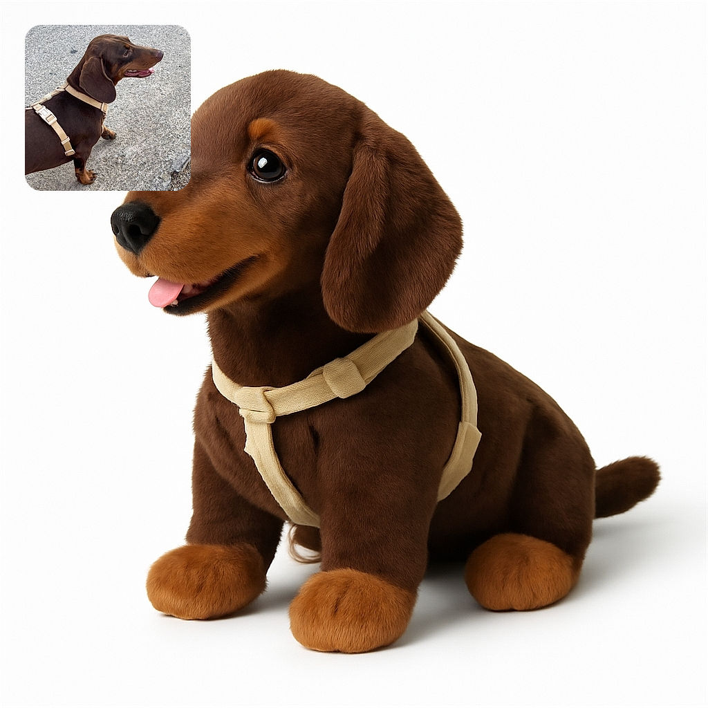 A happy dachshund dog with a beige harness is standing on a rough concrete surface, looking to the right with its tongue slightly out, appearing curious and content.