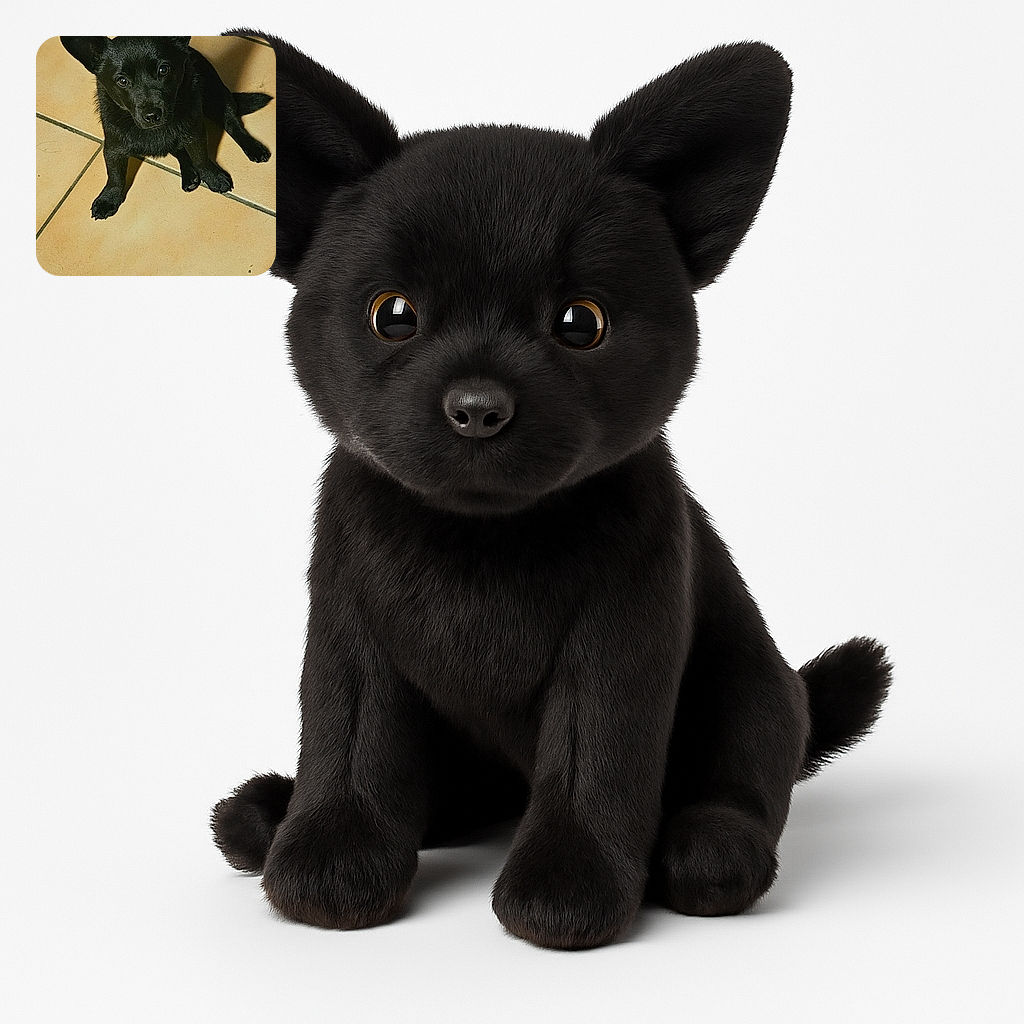 A cute black puppy with shiny fur sits attentively on a tiled floor, looking up with curious and soulful eyes, as if waiting for a treat or some belly rubs.