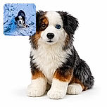 A charming dog with striking heterochromia stands on a snowy patch, looking up with a playful and curious expression, surrounded by textured snow and scattered leaves, creating a cozy winter vibe.