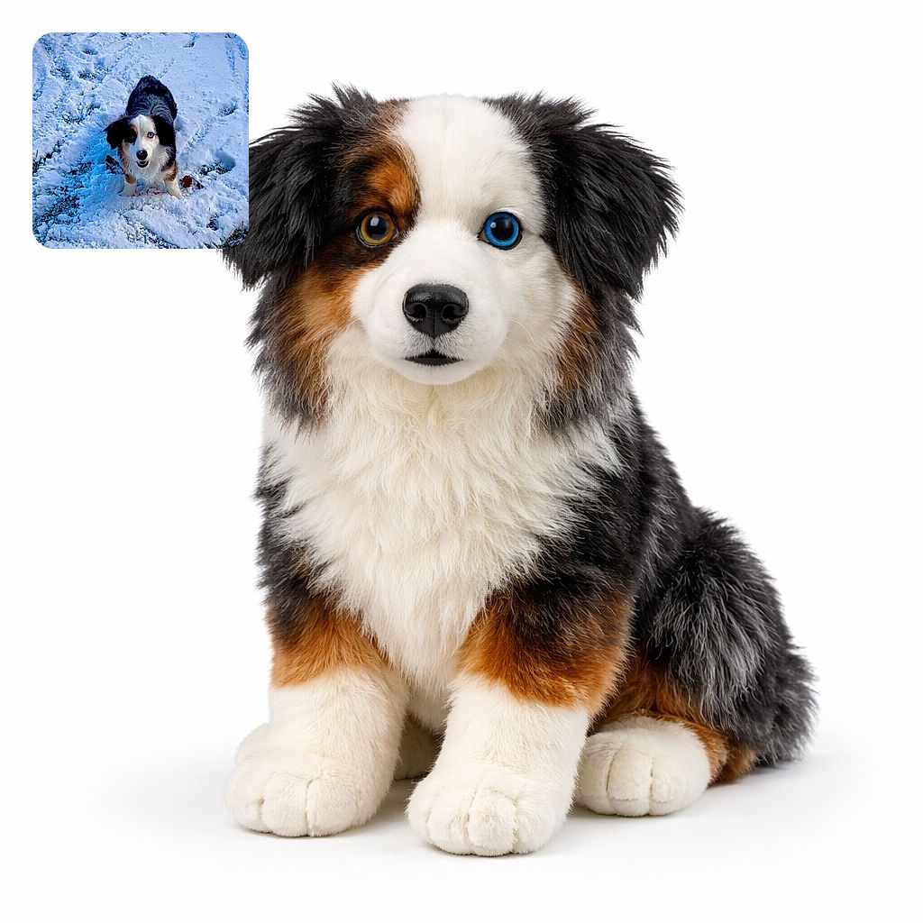 A charming dog with striking heterochromia stands on a snowy patch, looking up with a playful and curious expression, surrounded by textured snow and scattered leaves, creating a cozy winter vibe.