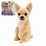 A tiny Chihuahua is proudly perched on a man's shoulder like a pointy-eared captain, while the man looks ready to accept his unusual canine hat with admirable resignation. They are relaxing on a couch in a bright, cozy room.
