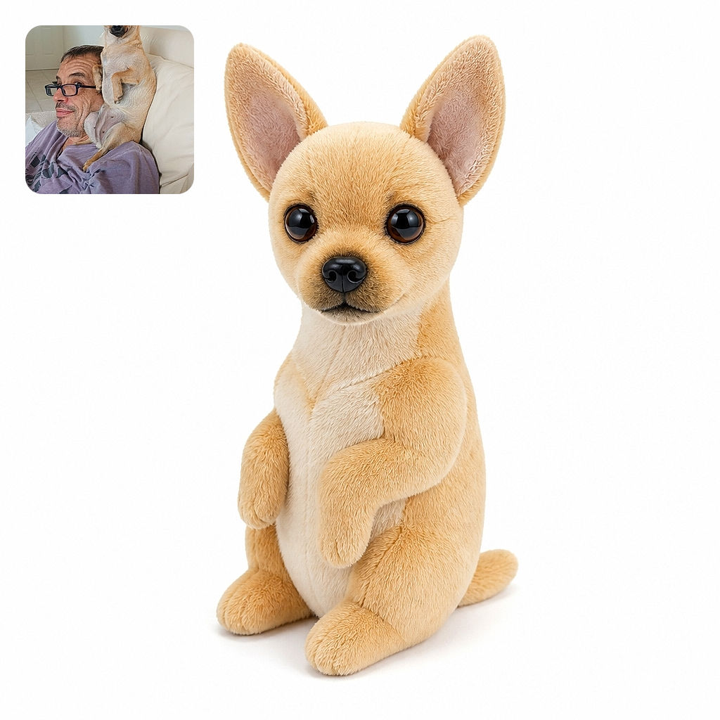 A tiny Chihuahua is proudly perched on a man's shoulder like a pointy-eared captain, while the man looks ready to accept his unusual canine hat with admirable resignation. They are relaxing on a couch in a bright, cozy room.