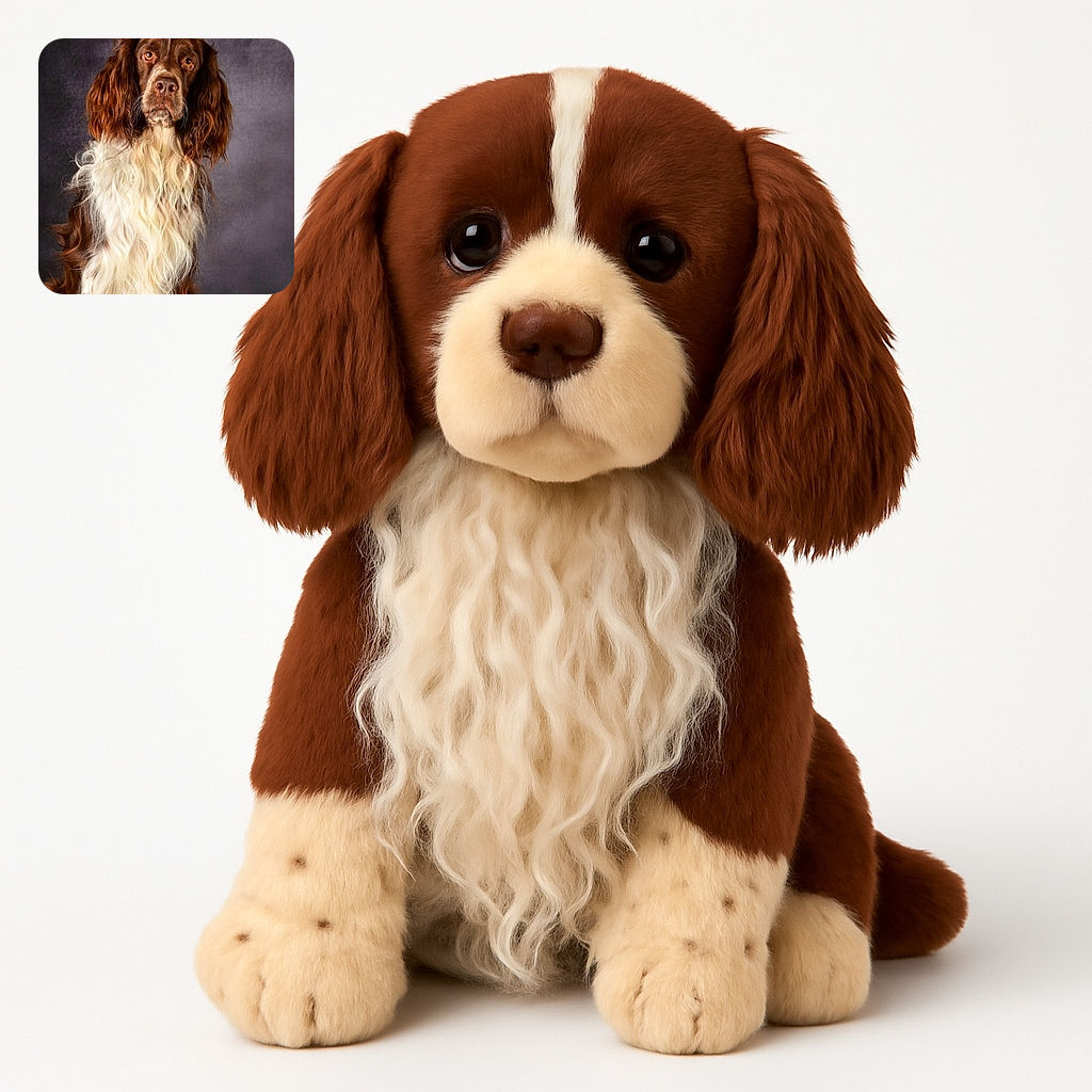 A majestic brown and white dog with long, wavy fur poses solemnly against a textured gray backdrop, looking like the furry philosopher of the photo studio.