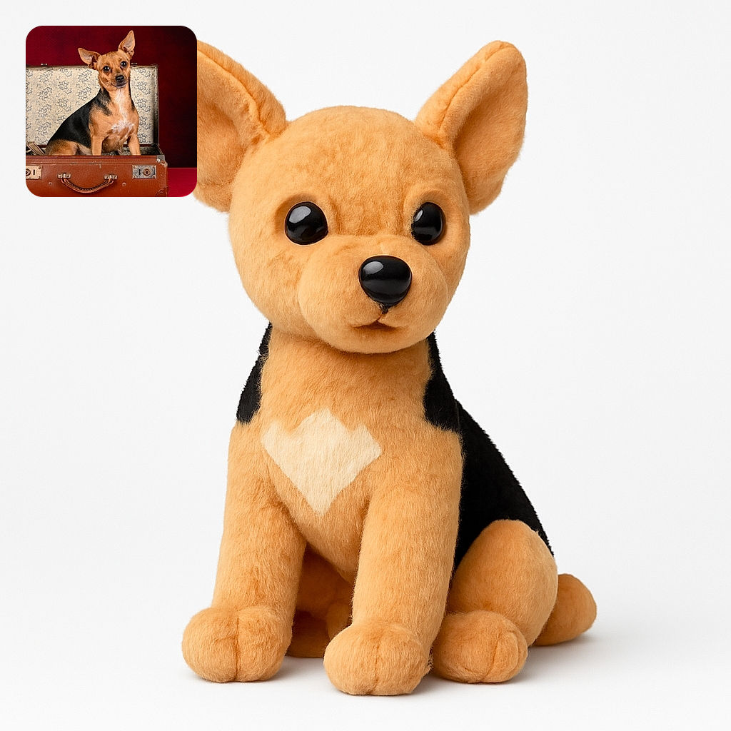 A small dog with big, curious eyes and perky ears sits comfortably inside an open vintage suitcase, set against a rich red backdrop, looking like it's ready for an adventure or perhaps just a fashionable photoshoot.