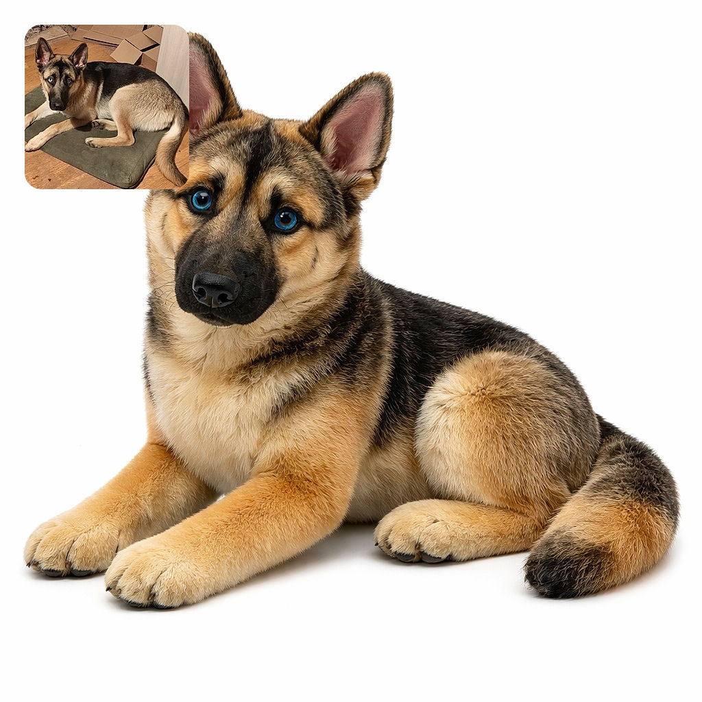 A guilty-but-regal German Shepherd sprawled on a green mat, one icy blue eye staring straight at the camera while cardboard boxes and a patch of unfinished floor lurk in the background — clearly supervising the renovation and approving only naps.
