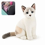 A white-and-gray cat sits proudly on a pink blanket in a gray armchair, looking like the tiny landlord of the living room. A colorful cartoon cushion provides backup, while the turquoise coffee table tries to steal the scene.